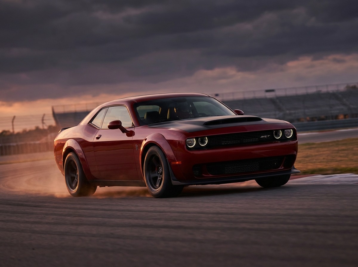 Red widebody Dodge Challenger SRT with black hood cornering on a race track at dusk