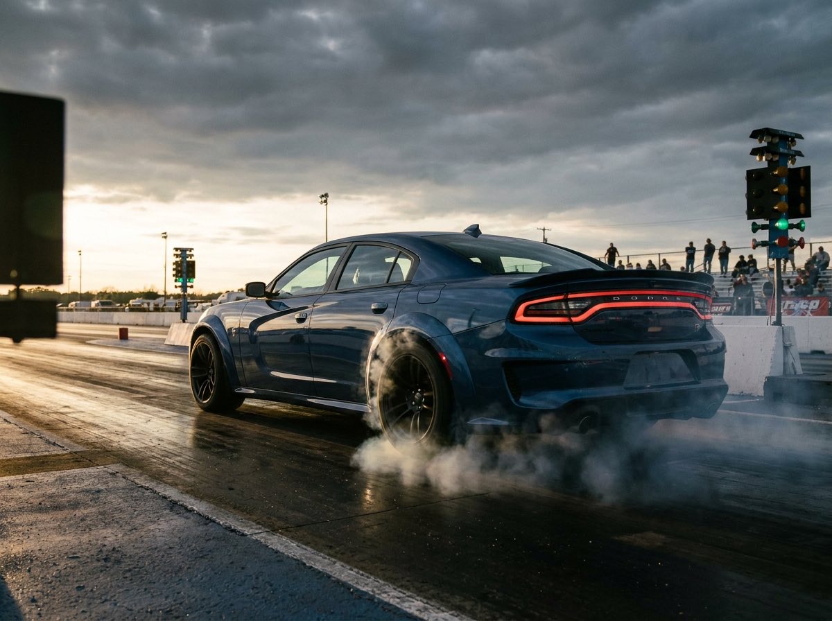 Blue widebody Dodge Charger staging a burnout on a drag strip under storm clouds