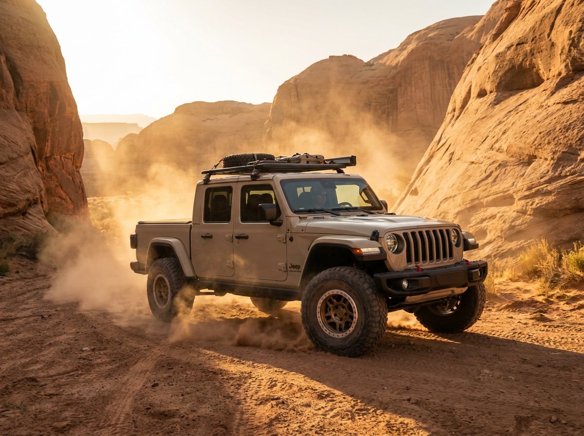 Sand-tan Jeep Gladiator with roof rack and bronze bead-lock wheels kicking up dust on a desert canyon trail