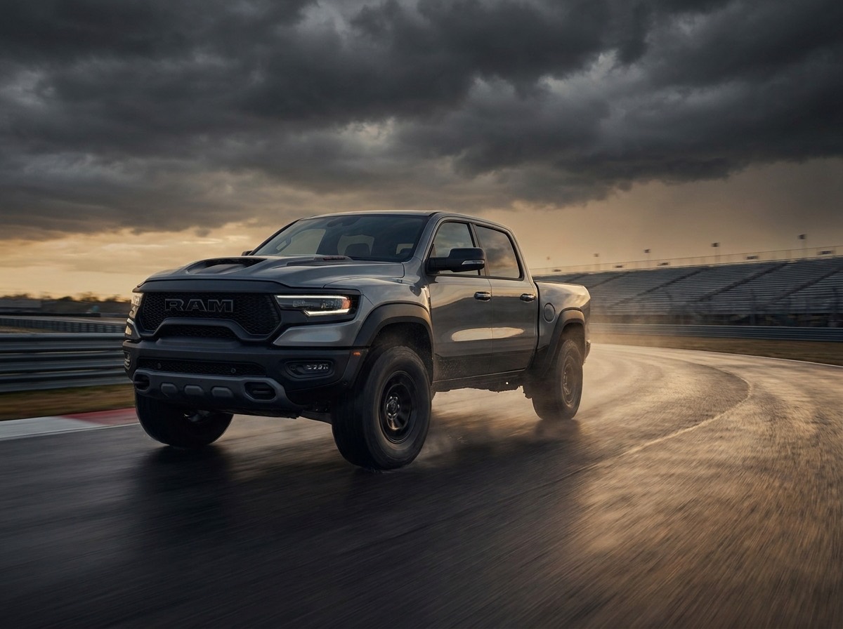 Gray RAM 1500 TRX powering through a corner on a wet race circuit under low storm light