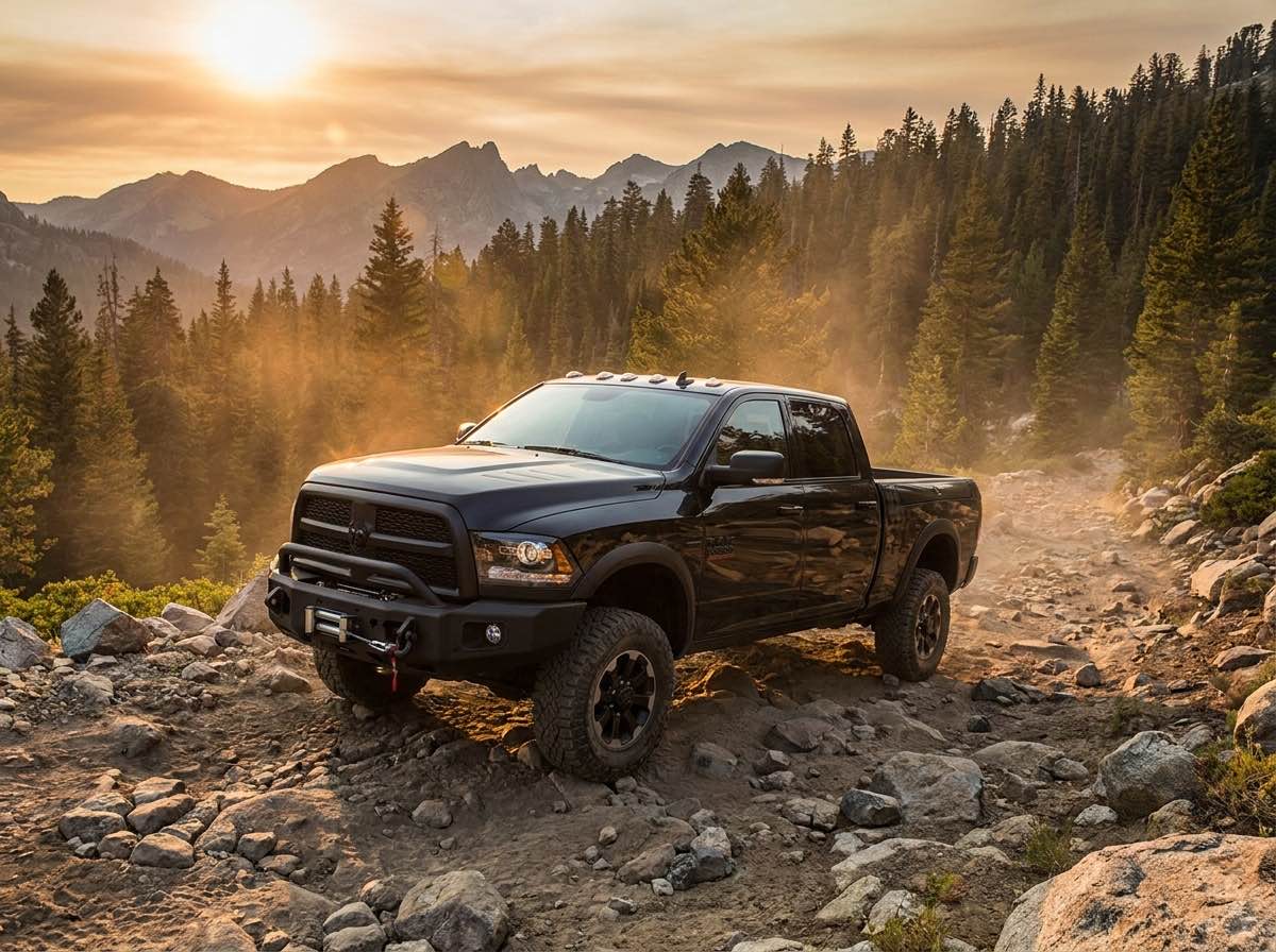 Black RAM 2500 Power Wagon with winch bumper climbing a rocky mountain trail at sunset