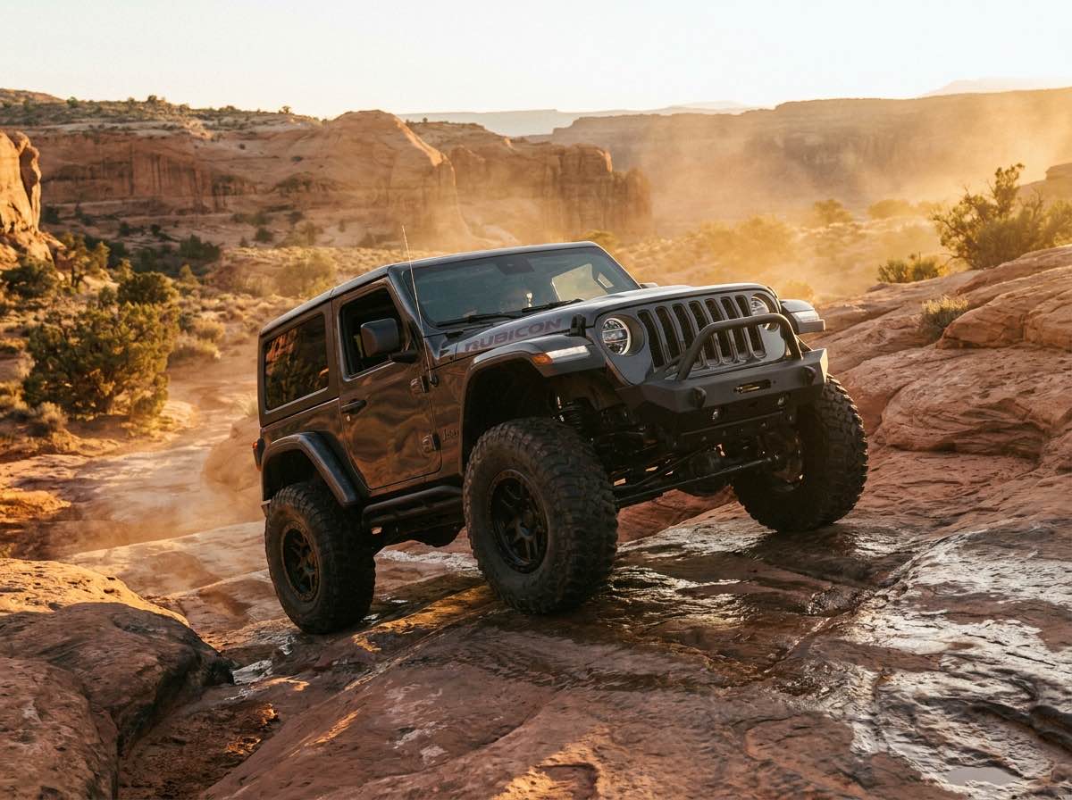 Lifted dark-gray Jeep Wrangler Rubicon on 37-inch tires crawling slickrock in a red-rock canyon at golden hour
